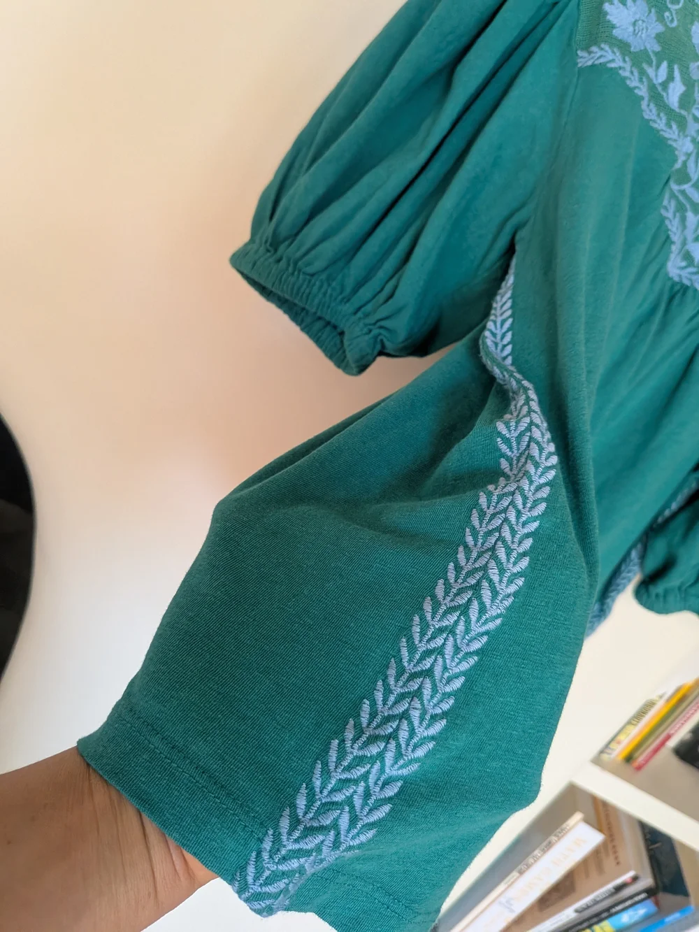 Madewell Teal Puff-Sleeve Embroidered Yoke Top